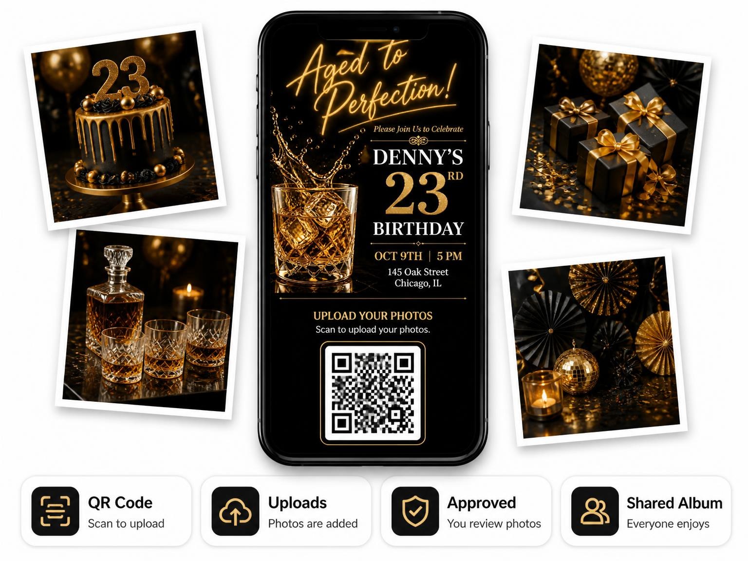 The shared photo gallery that comes with the Whiskey Bourbon 23rd Birthday Invitation invitation