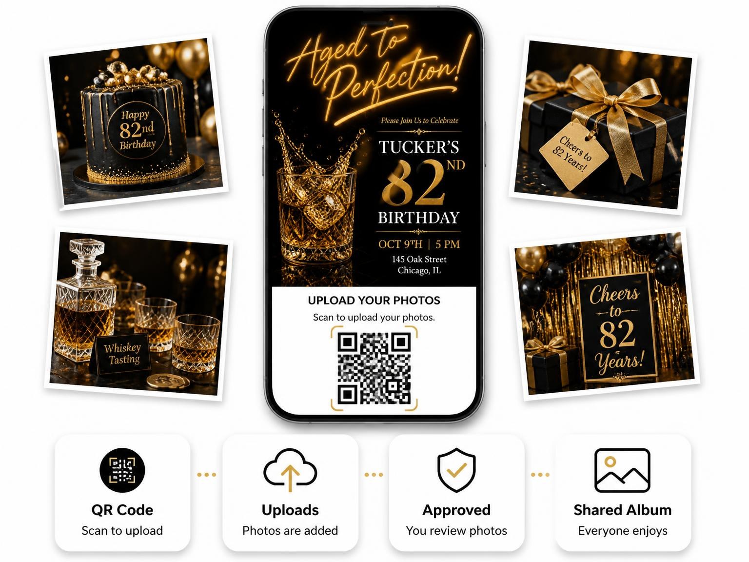 The shared photo gallery that comes with the Whiskey Lowball 82nd Birthday Invitation invitation