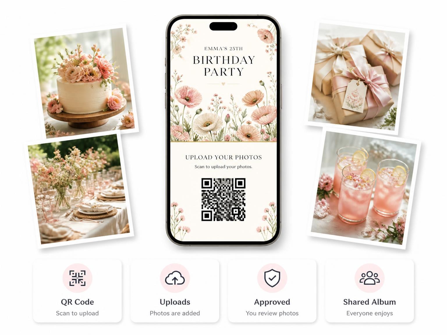 The shared photo gallery that comes with the Poppy Meadow Blush 25th Birthday Invitation invitation