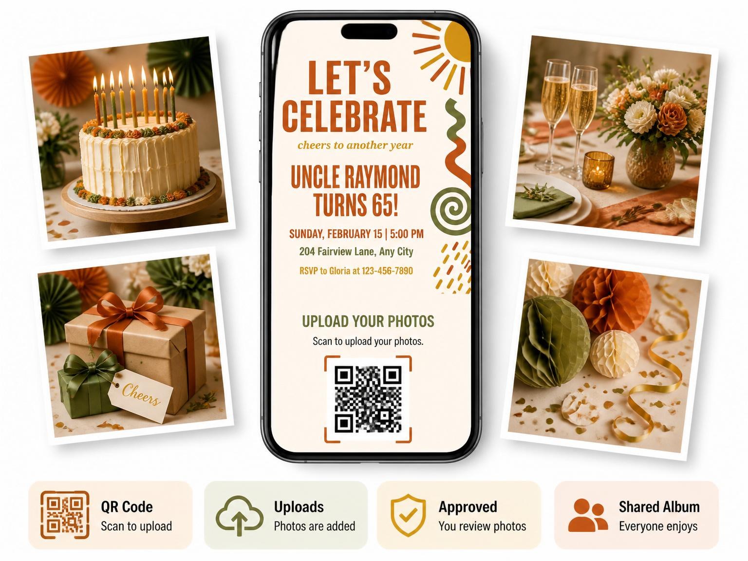 The shared photo gallery that comes with the Terracotta Olive Retro Sun 65th Birthday invitation