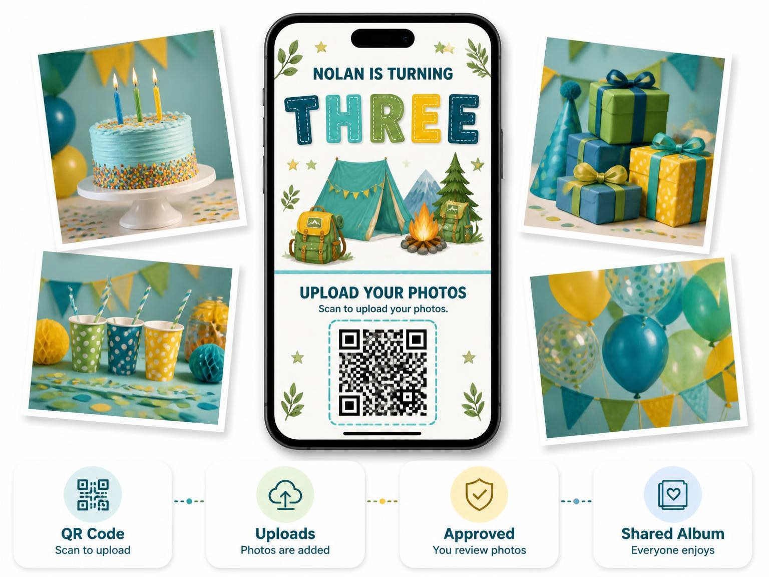 The shared photo gallery that comes with the Campsite Stitched 3rd Birthday Invitation invitation