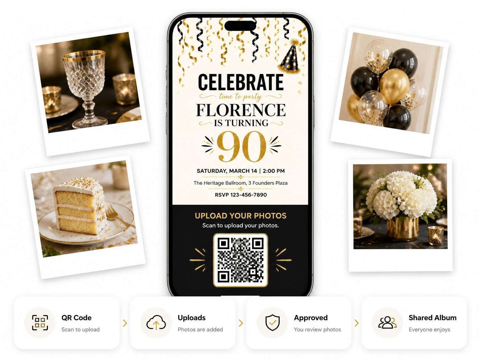 The shared photo gallery that comes with the Gold Black Streamer 90th Birthday invitation