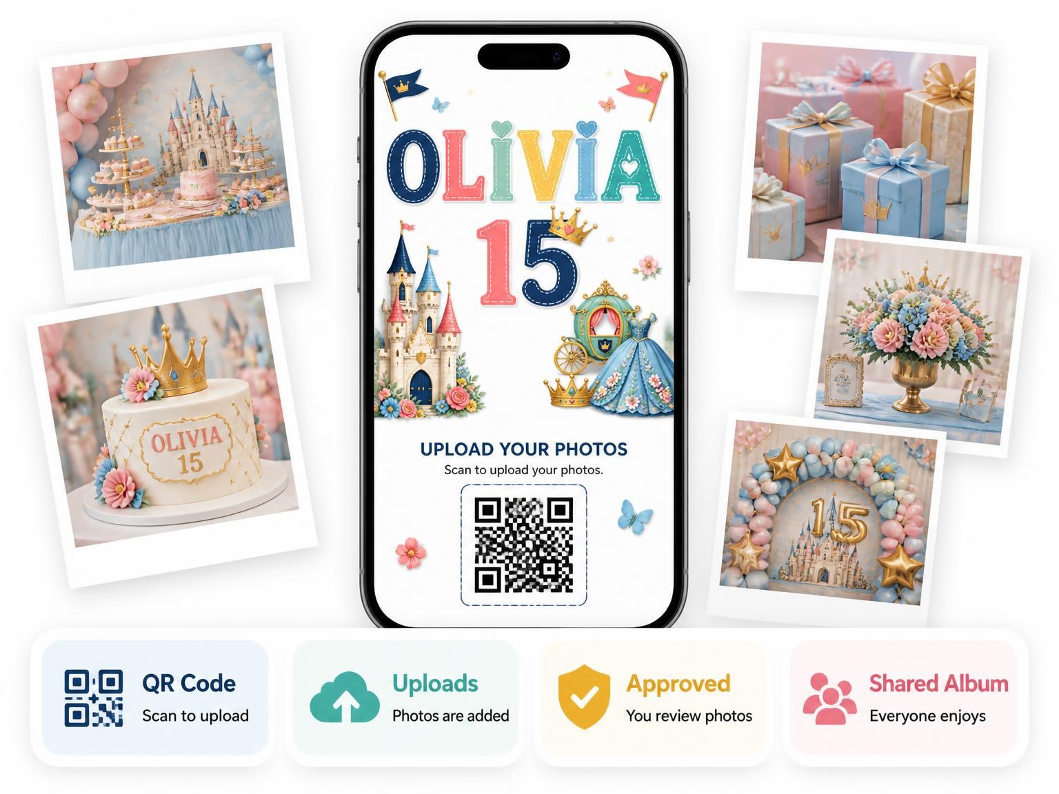 The shared photo gallery that comes with the Royal Crowns 15th Birthday Party Invitation invitation