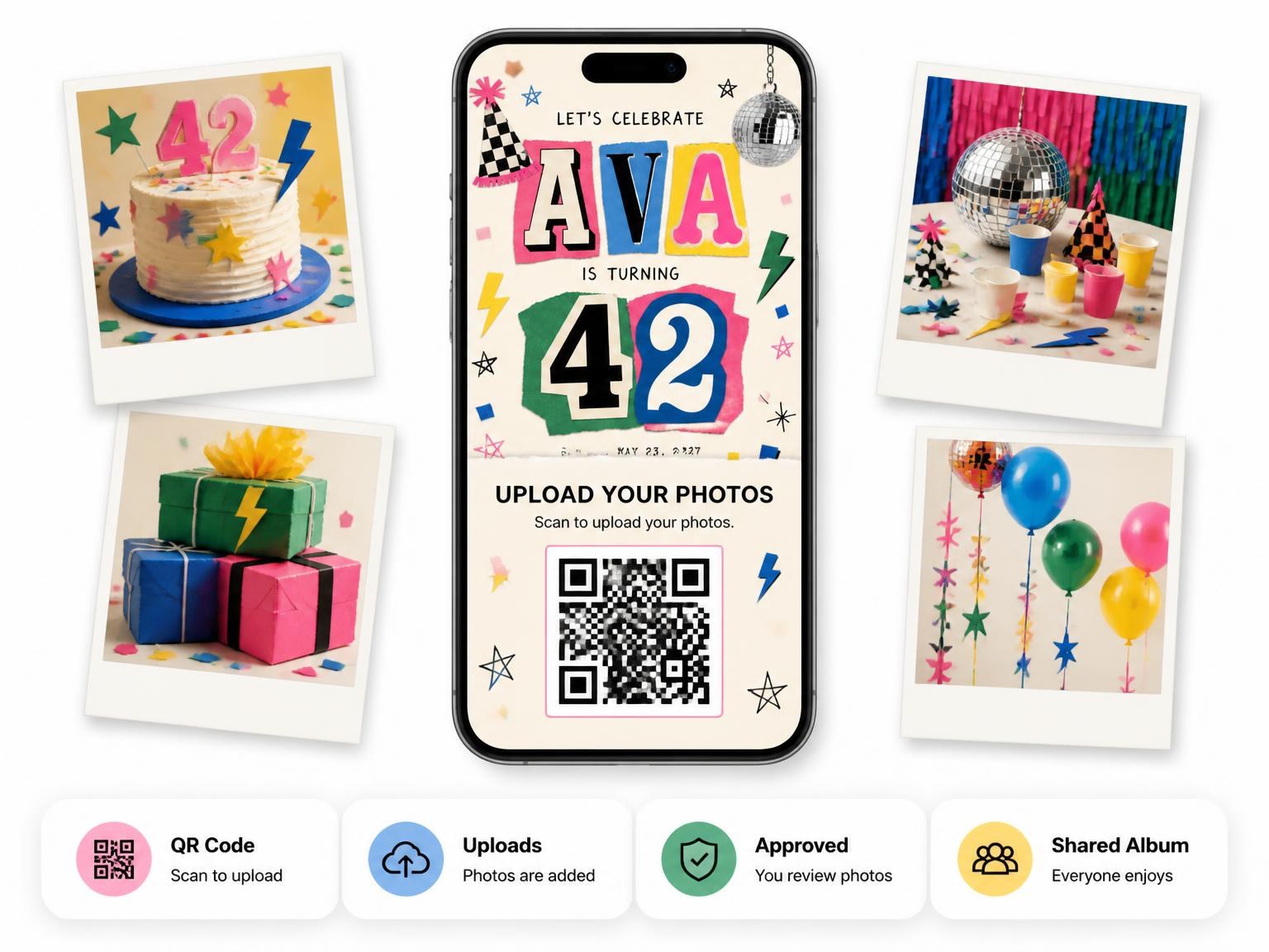 The shared photo gallery that comes with the Retro Paper Collage 42nd Birthday Invitation invitation