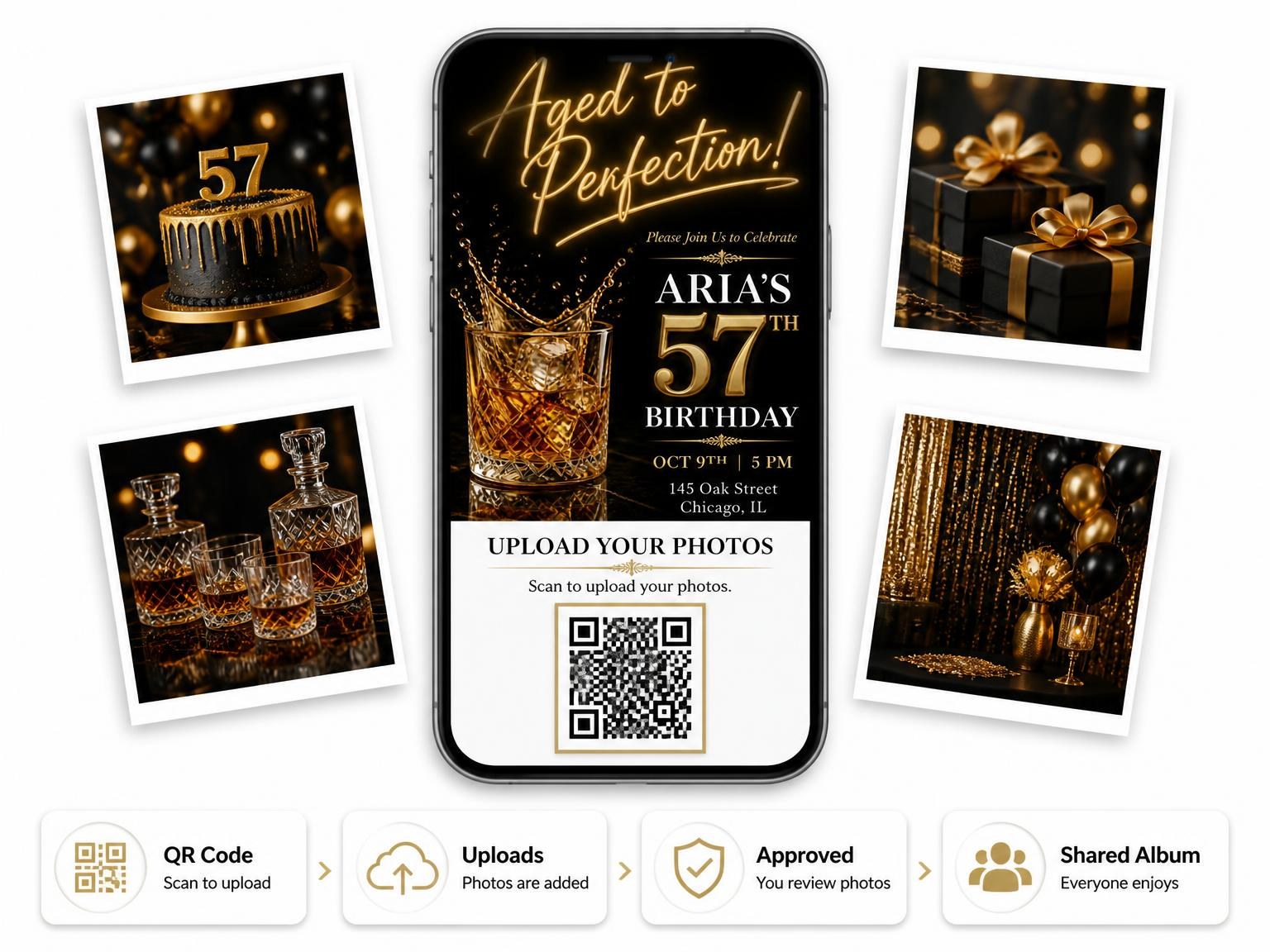 The shared photo gallery that comes with the Whiskey Tumbler 57th Birthday Invitation invitation
