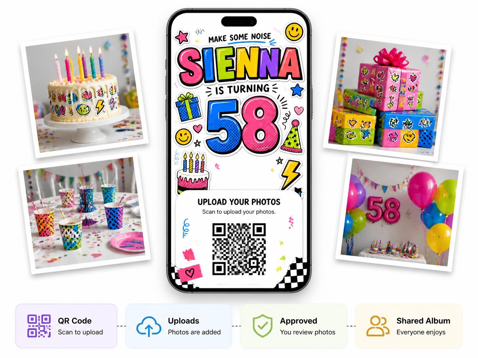 The shared photo gallery that comes with the Sticker Pop 58th Birthday Invitation invitation