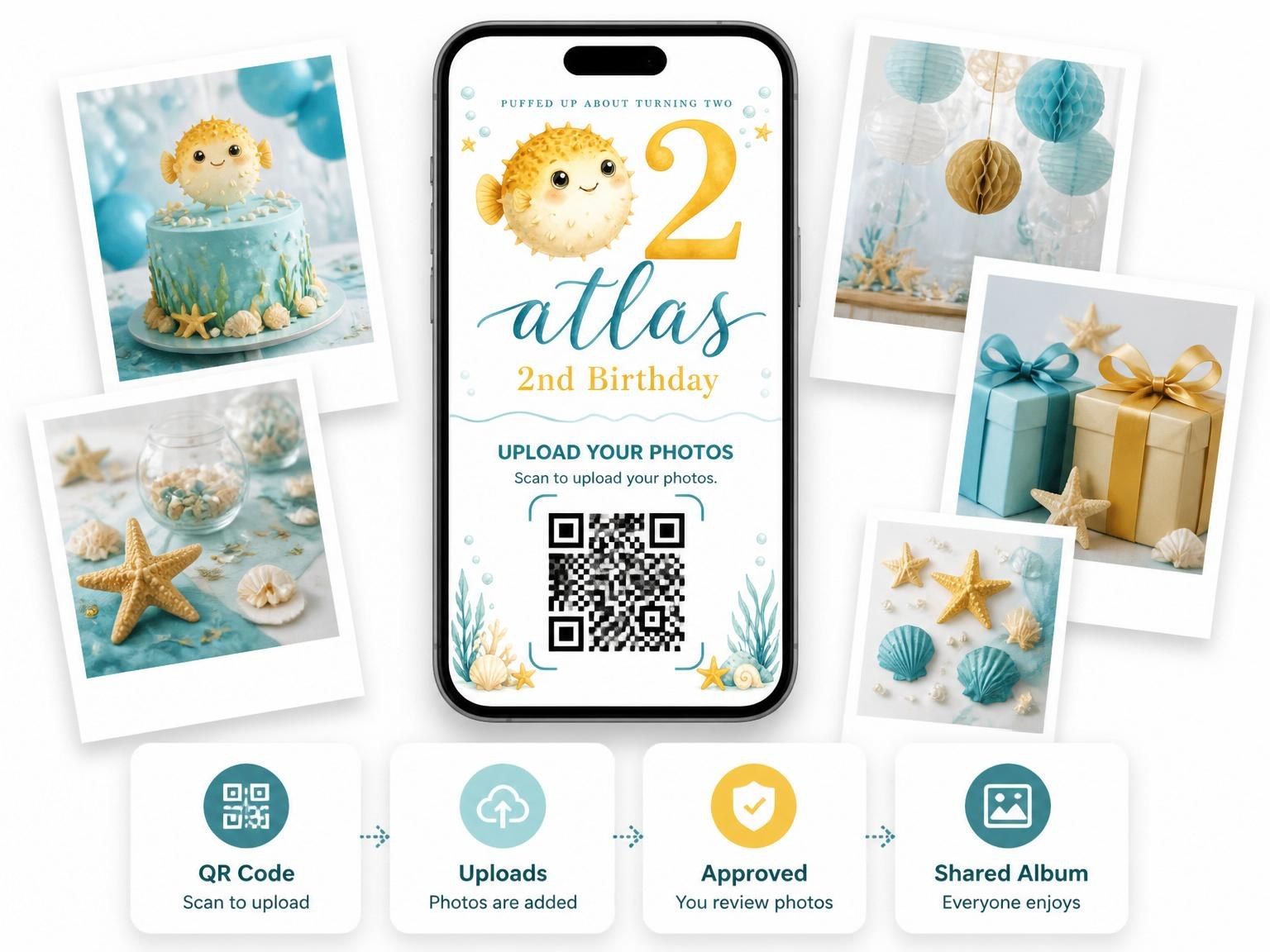 The shared photo gallery that comes with the Watercolor Pufferfish Underwater 2nd Birthday invitation