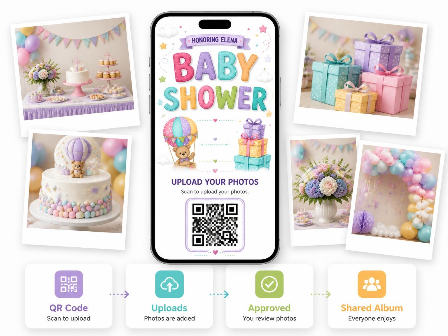 The shared photo gallery that comes with the Teddy Balloon and Gifts Baby Shower Invitation invitation