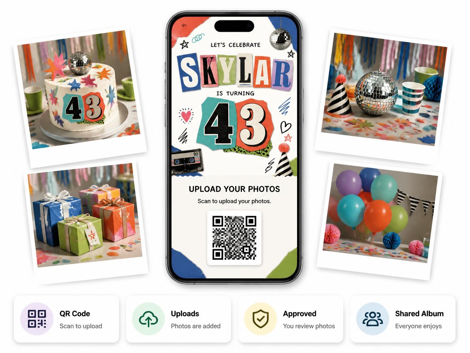 The shared photo gallery that comes with the Retro Paper Collage 43rd Birthday Invitation invitation