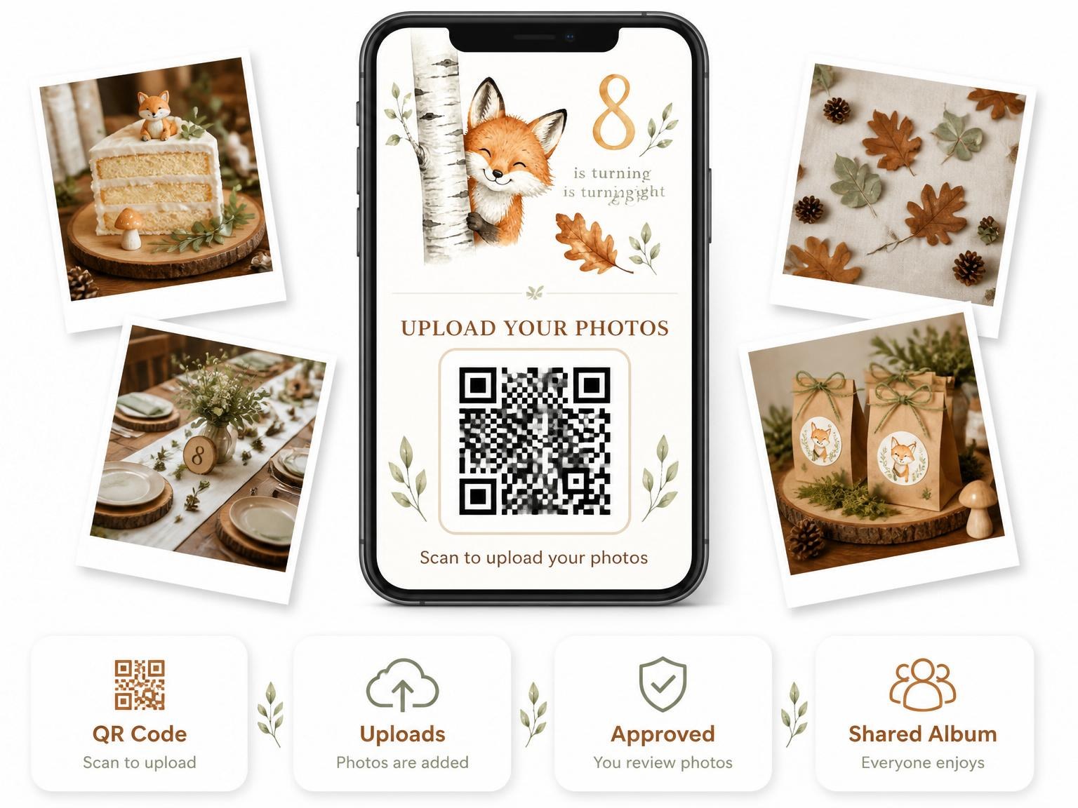 The shared photo gallery that comes with the Watercolor Fox Birch Tree 8th Birthday invitation