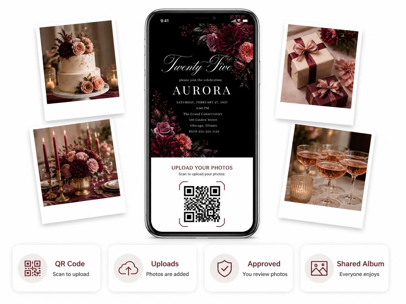 The shared photo gallery that comes with the Black Floral 25th Birthday Invitation invitation