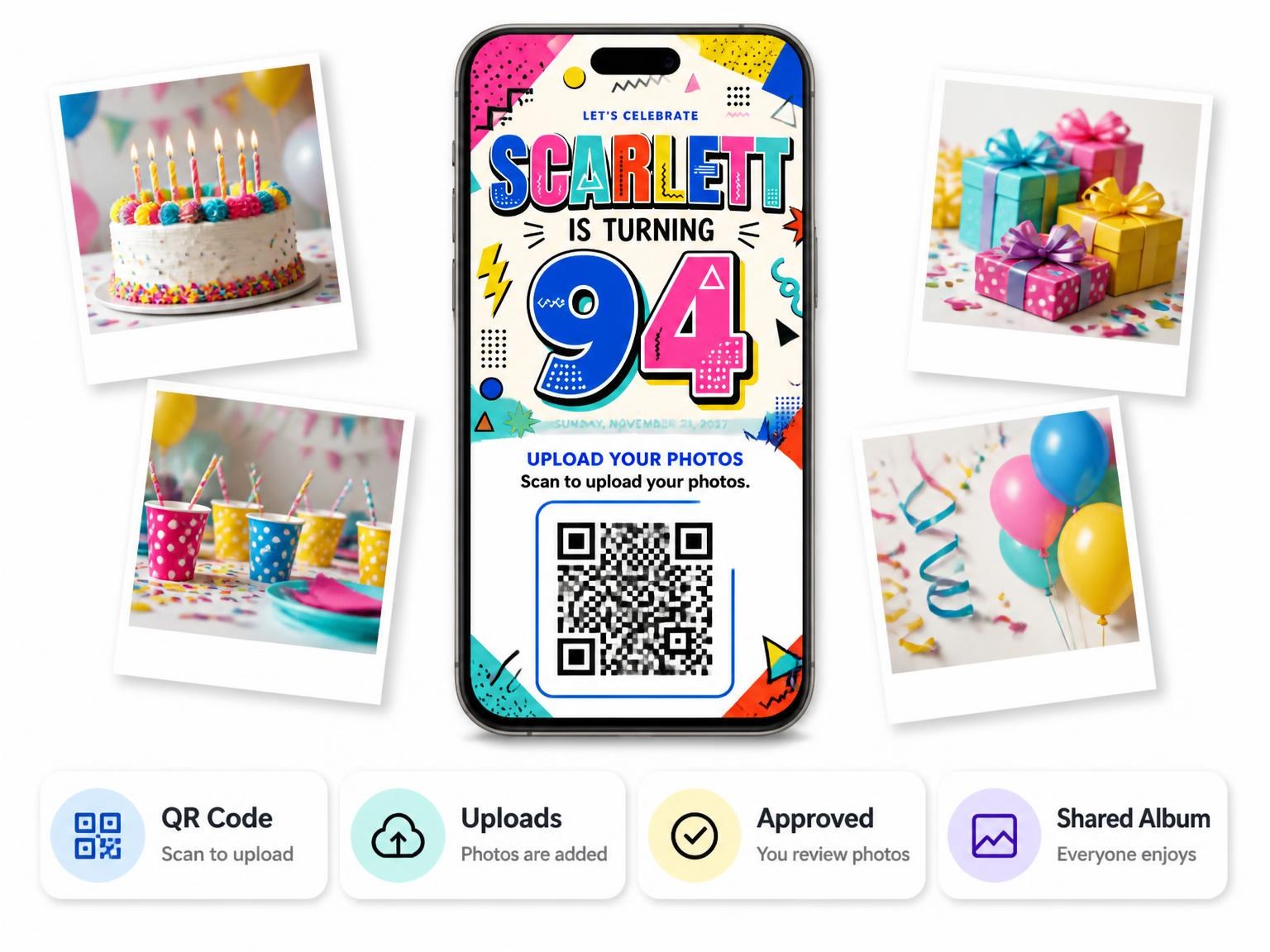 The shared photo gallery that comes with the Memphis Pop 94th Birthday Invitation invitation