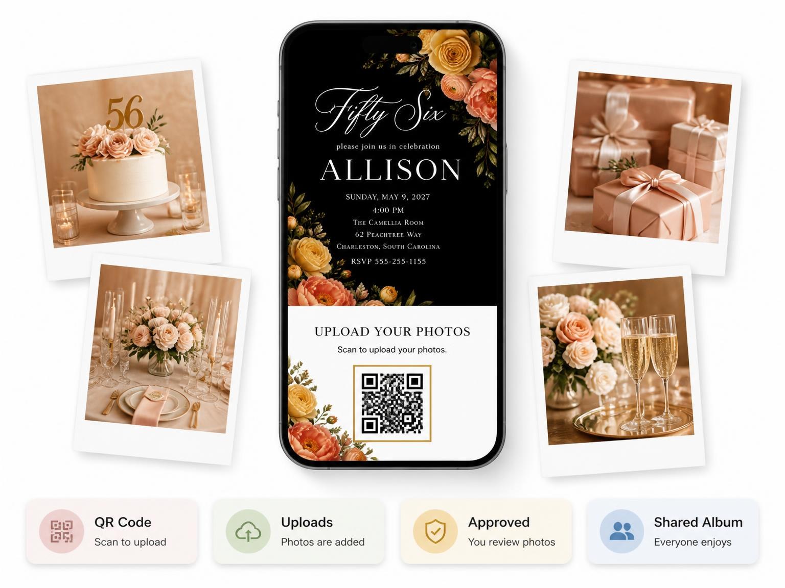 The shared photo gallery that comes with the Black Floral 56th Birthday Invitation invitation