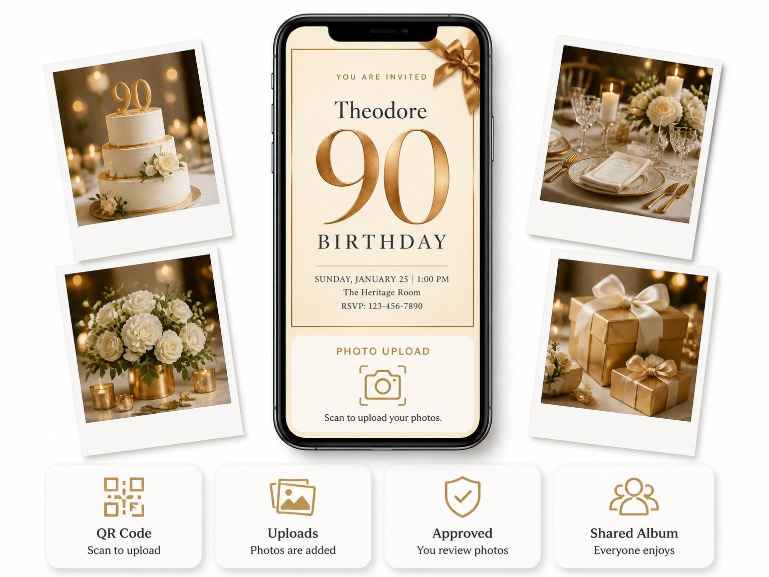 The shared photo gallery that comes with the Cream and Gold Bow 90th Birthday Invitation invitation