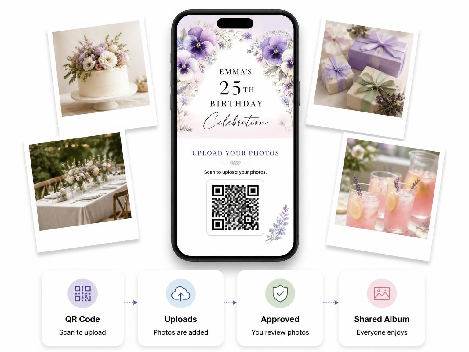 The shared photo gallery that comes with the Lavender Pansy Floral 25th Birthday Invitation invitation