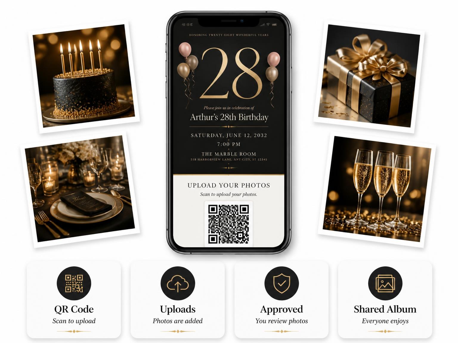 The shared photo gallery that comes with the Charcoal and Blush 28th Birthday Invitation invitation