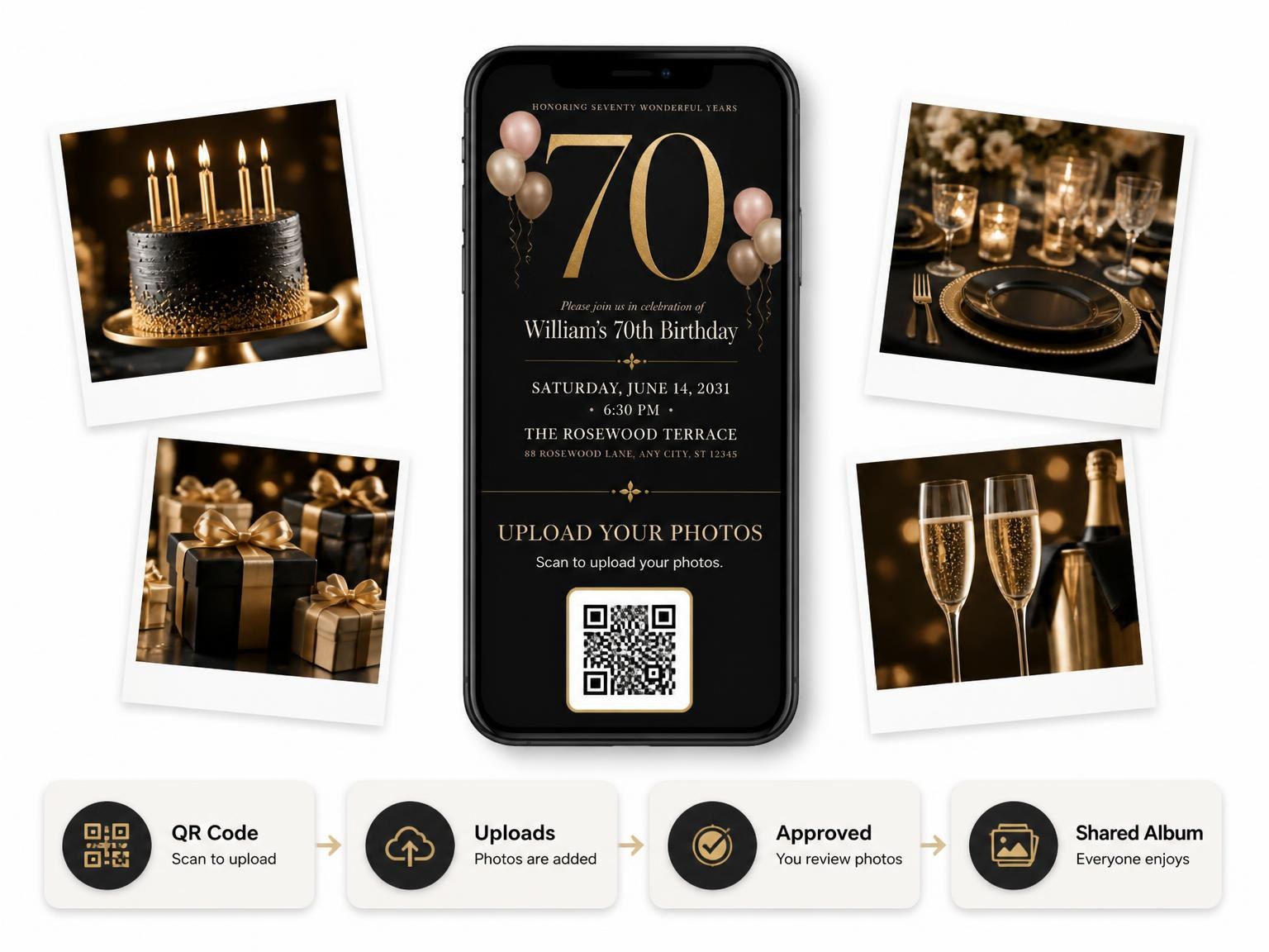 The shared photo gallery that comes with the Charcoal and Blush 70th Birthday Invitation invitation