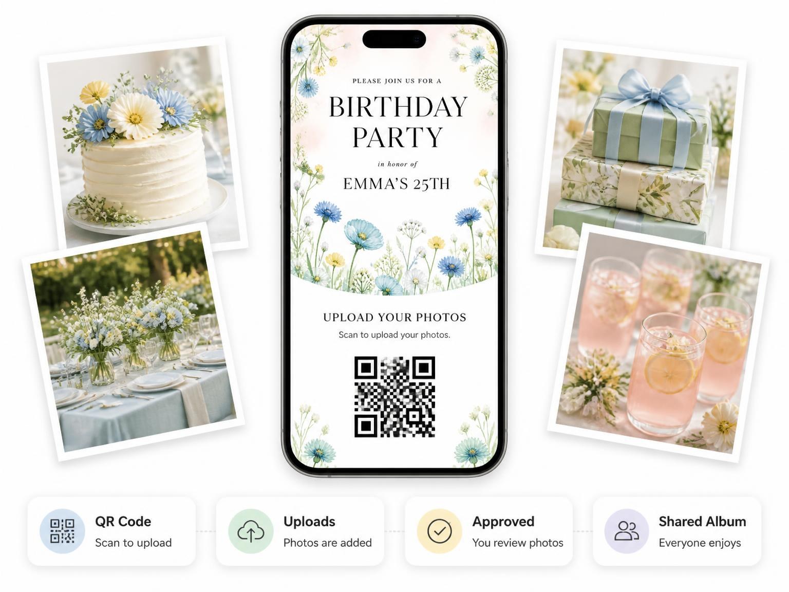 The shared photo gallery that comes with the Wildflowers Mint 25th Birthday Invitation invitation