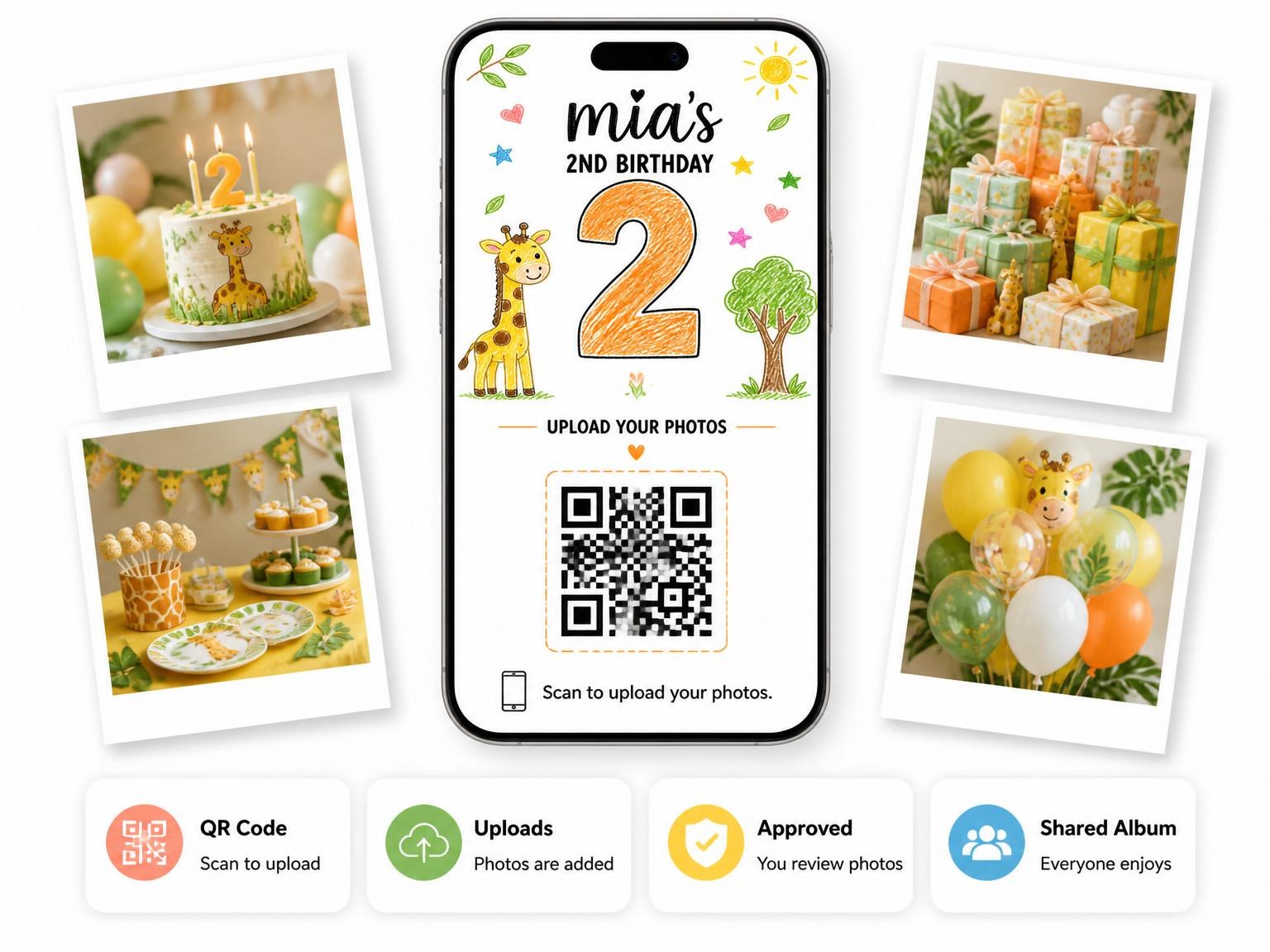 The shared photo gallery that comes with the Crayon Giraffe 2nd Birthday Invitation invitation