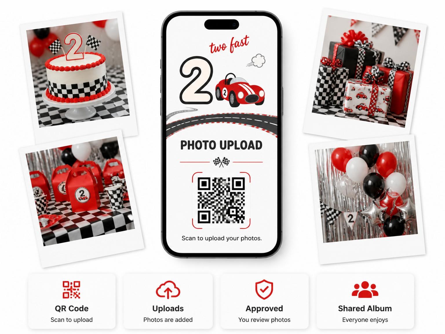 The shared photo gallery that comes with the Red Roadster Race Car 2nd Birthday invitation