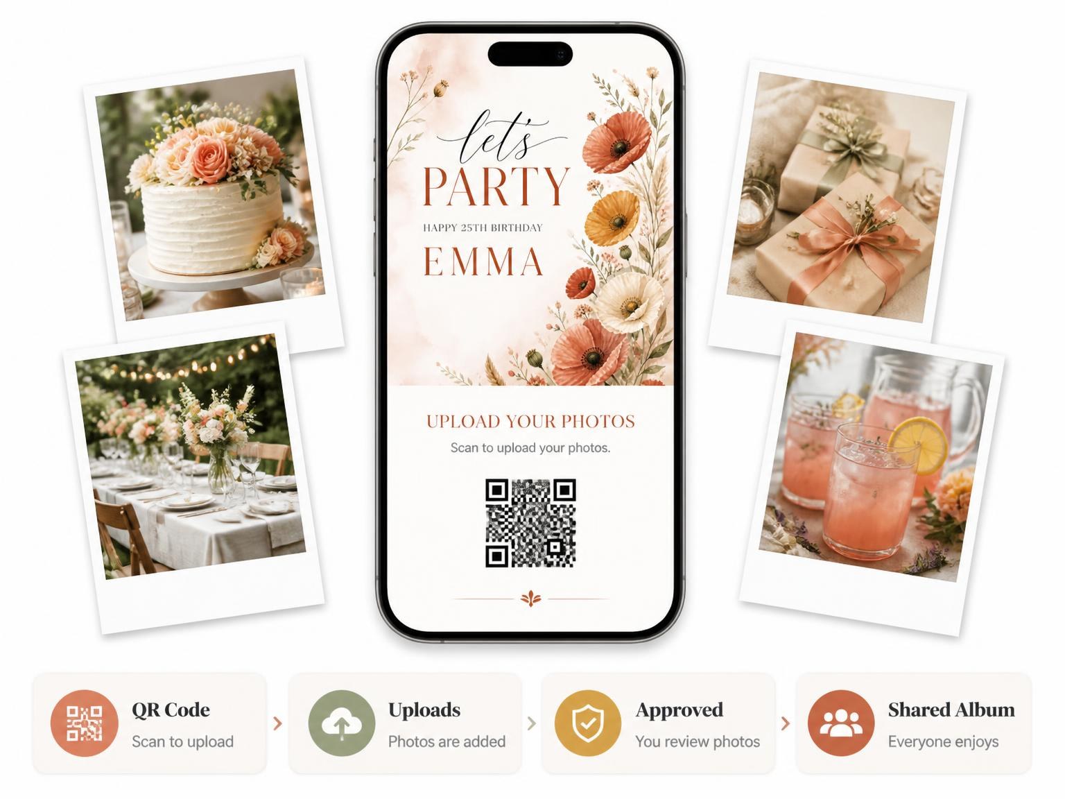 The shared photo gallery that comes with the Terracotta Botanical Sprigs 25th Birthday Invitation invitation