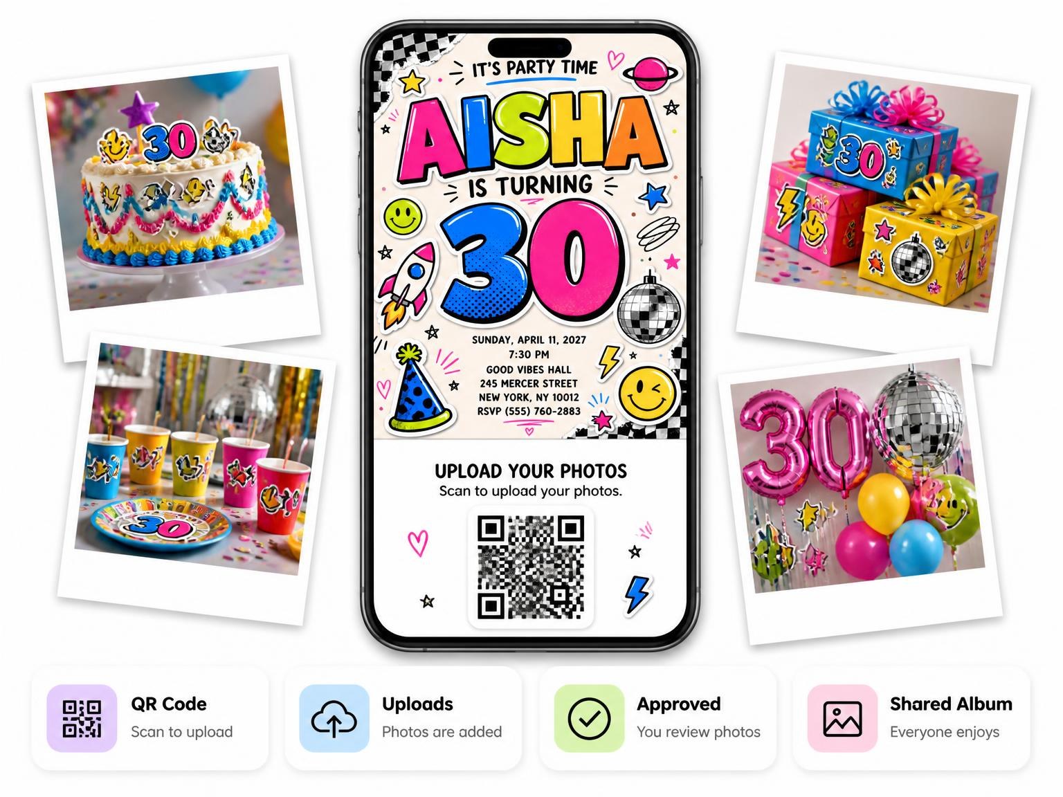 The shared photo gallery that comes with the Sticker Pop 30th Birthday Invitation invitation