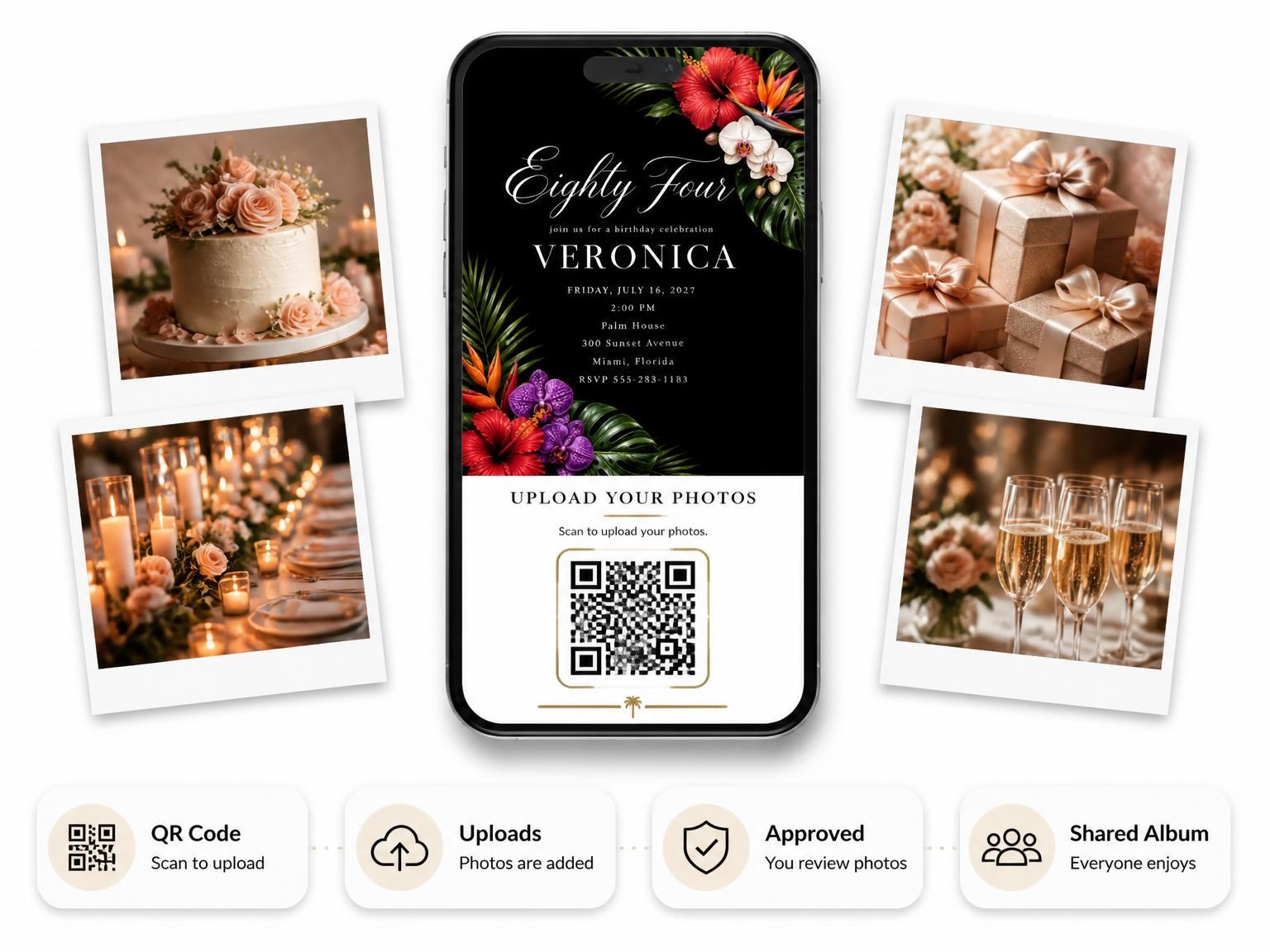 The shared photo gallery that comes with the Black Floral 84th Birthday Invitation invitation