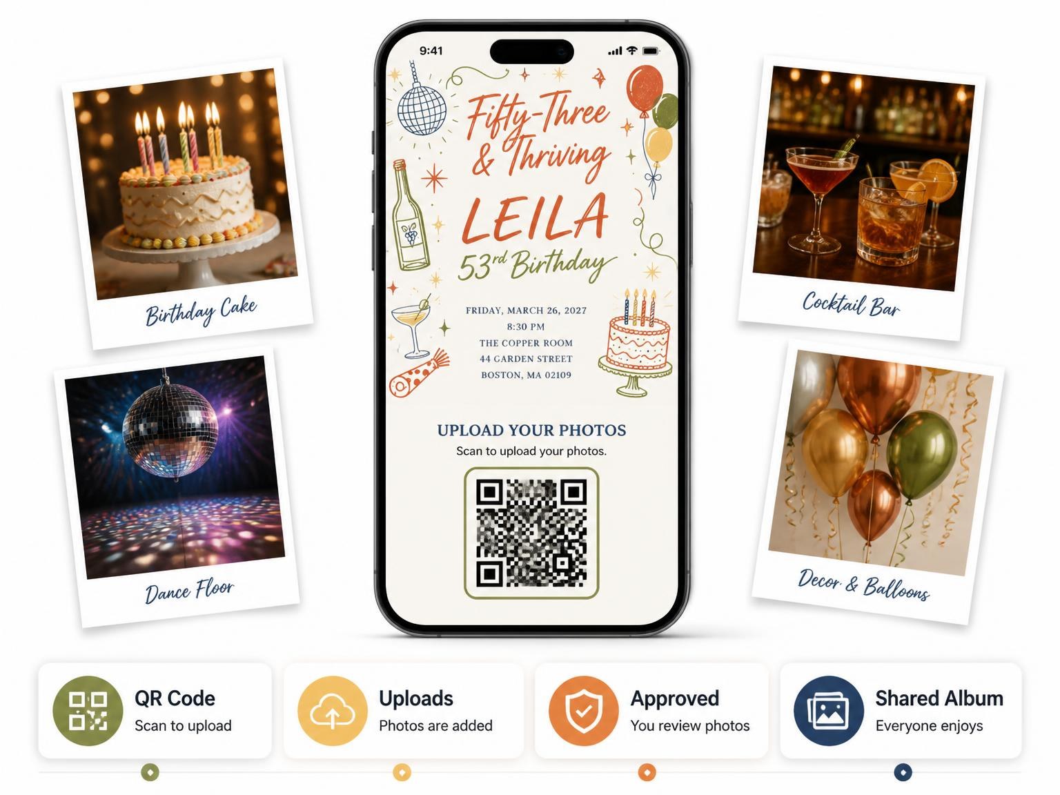 The shared photo gallery that comes with the Retro Doodle 53rd Birthday Invitation invitation