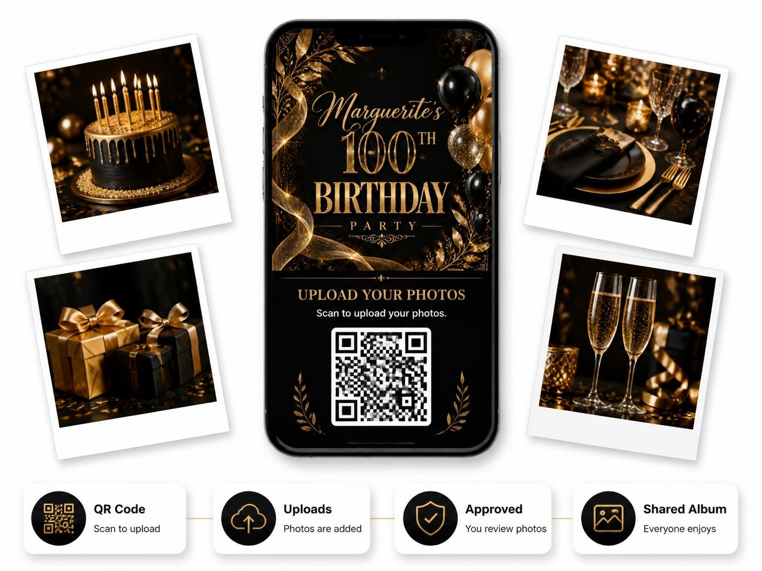 The shared photo gallery that comes with the Black and Gold 100th Birthday Invitation invitation