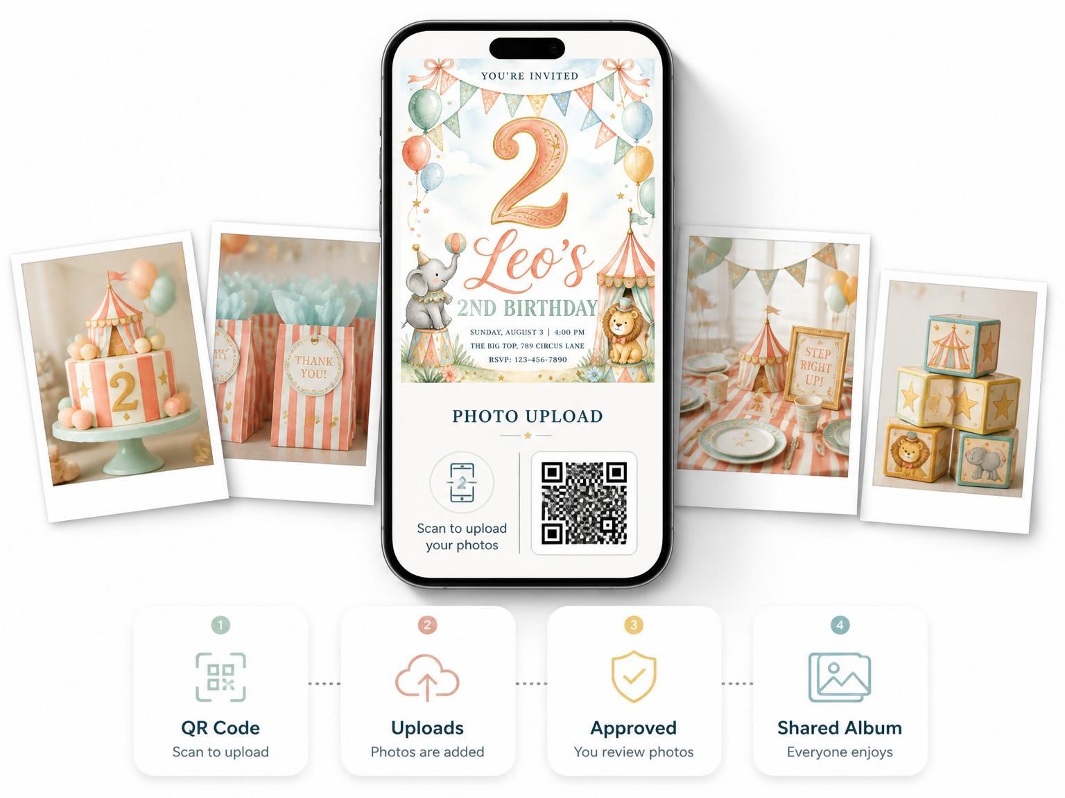 The shared photo gallery that comes with the Pastel Watercolor Animal Circus 2nd Birthday invitation