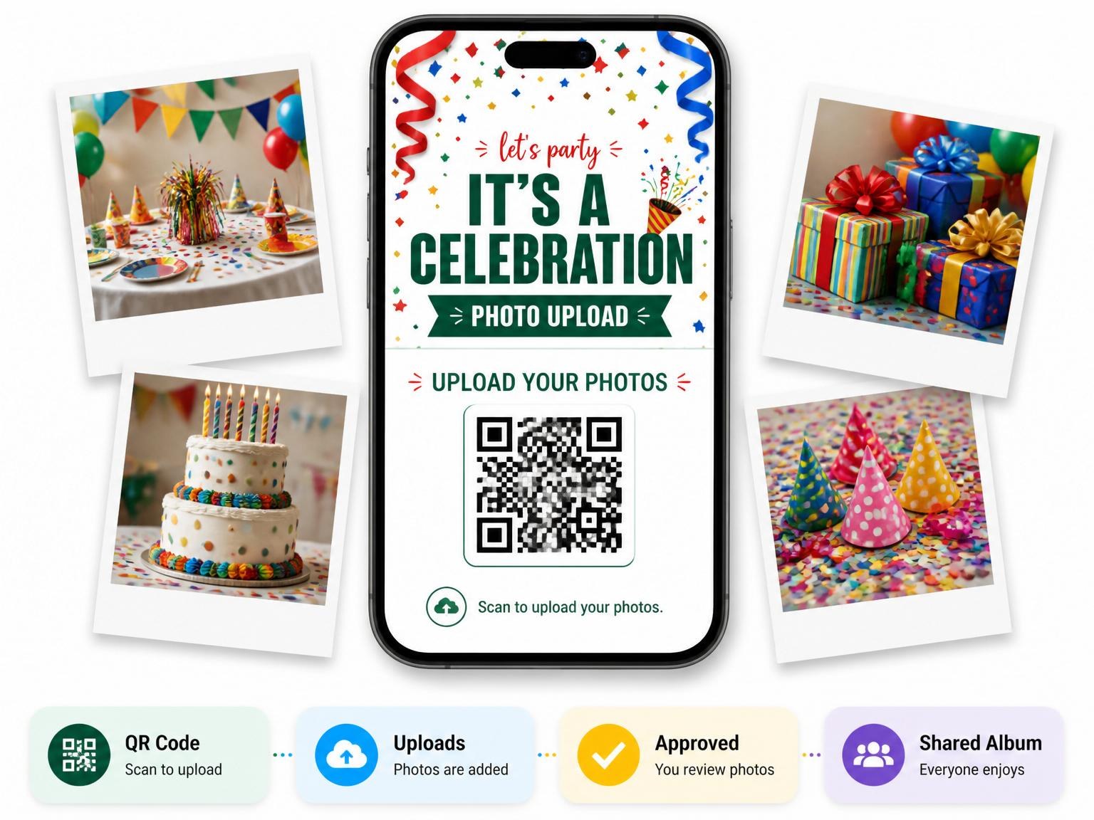 The shared photo gallery that comes with the Colorful Confetti Streamer Sweet Sixteen invitation