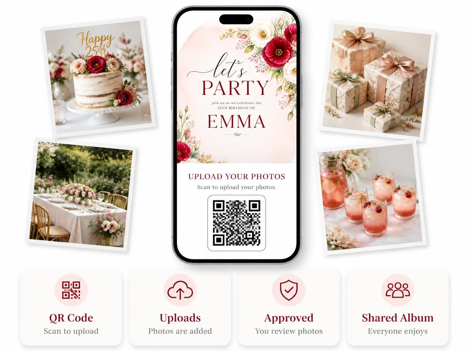 The shared photo gallery that comes with the Arch Scarlet 25th Birthday Invitation invitation