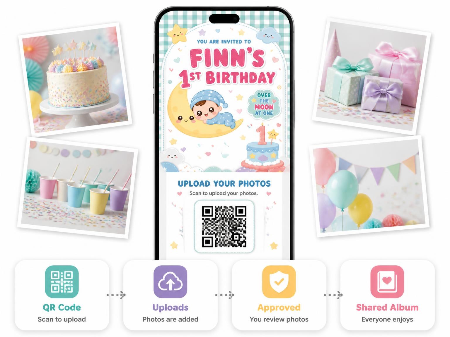 The shared photo gallery that comes with the Kawaii Moon Baby 1st Birthday Invitation invitation