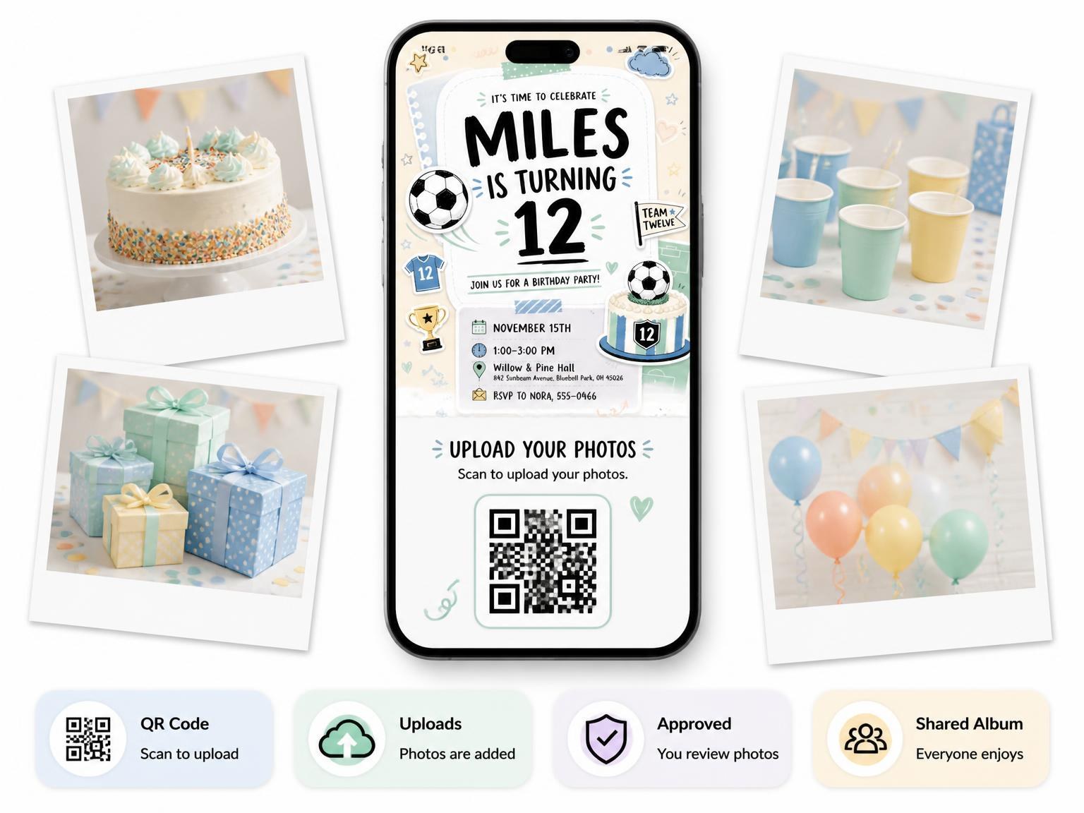 The shared photo gallery that comes with the Soccer Ball Pastel 12th Birthday Invitation invitation