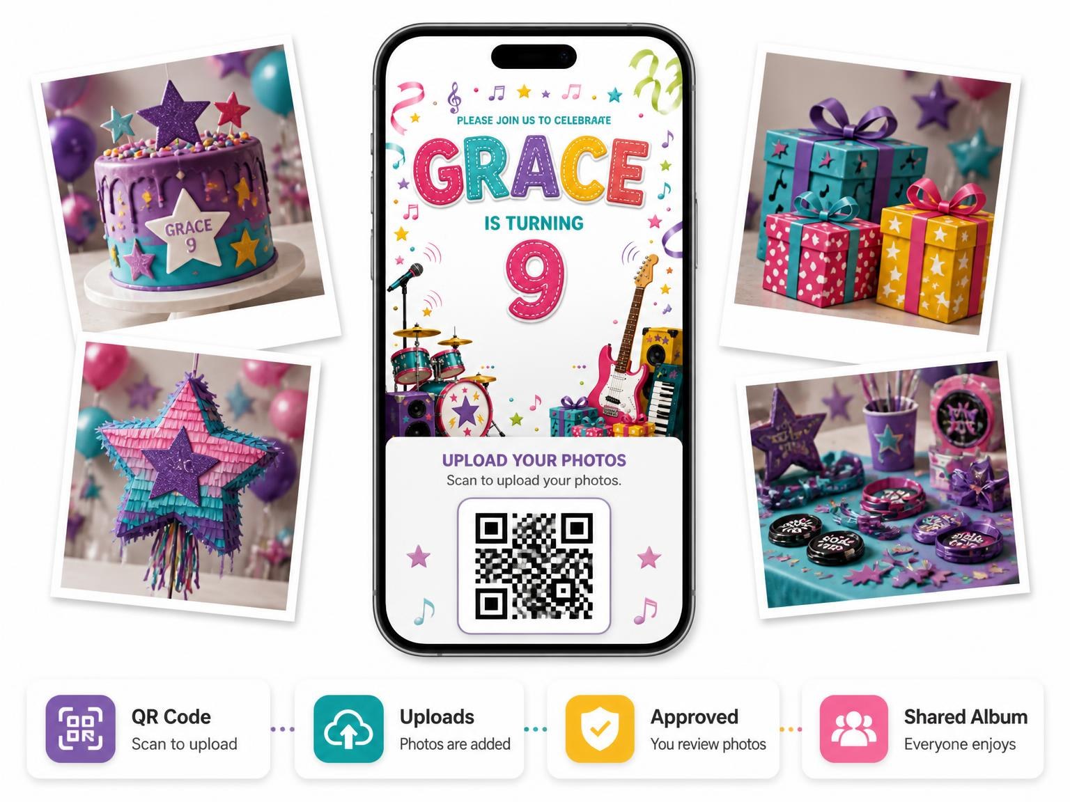 The shared photo gallery that comes with the Stitched Rock Star 9th Birthday Invitation invitation