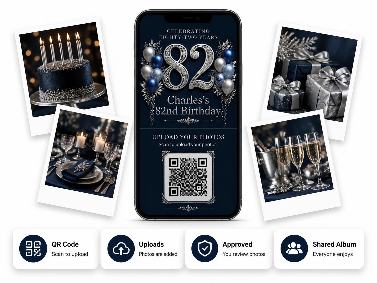 The shared photo gallery that comes with the Navy and Silver 82nd Birthday Invitation invitation