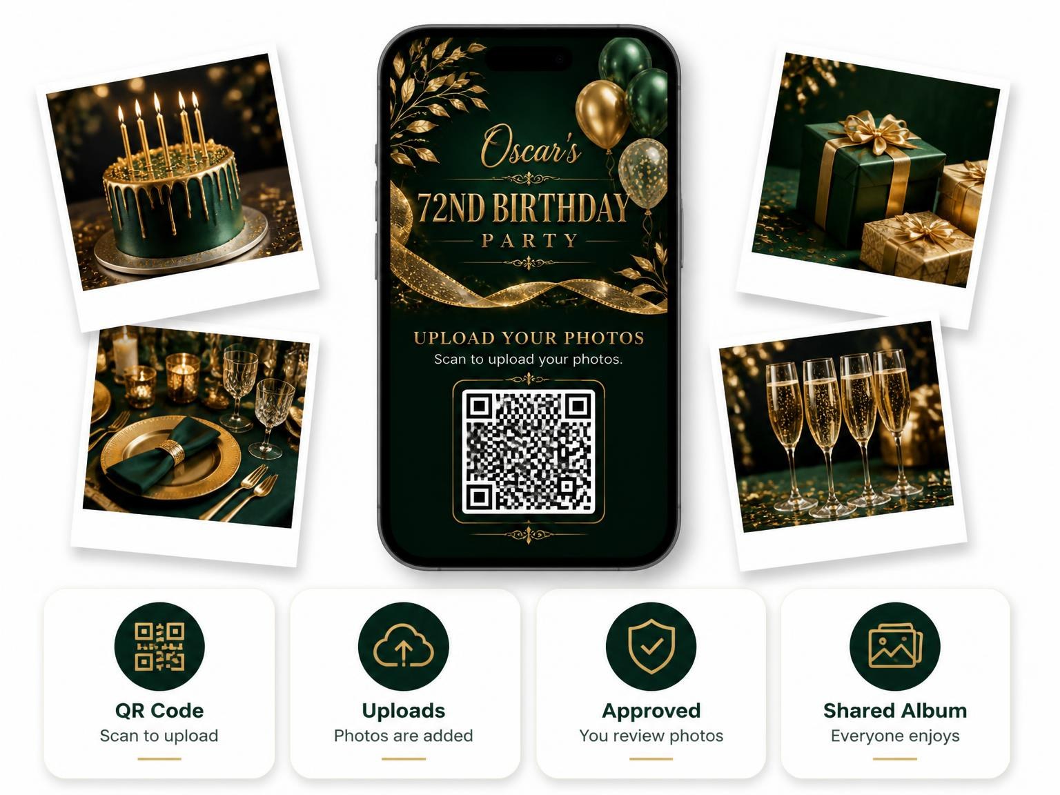 The shared photo gallery that comes with the Emerald and Champagne 72nd Birthday Invitation invitation