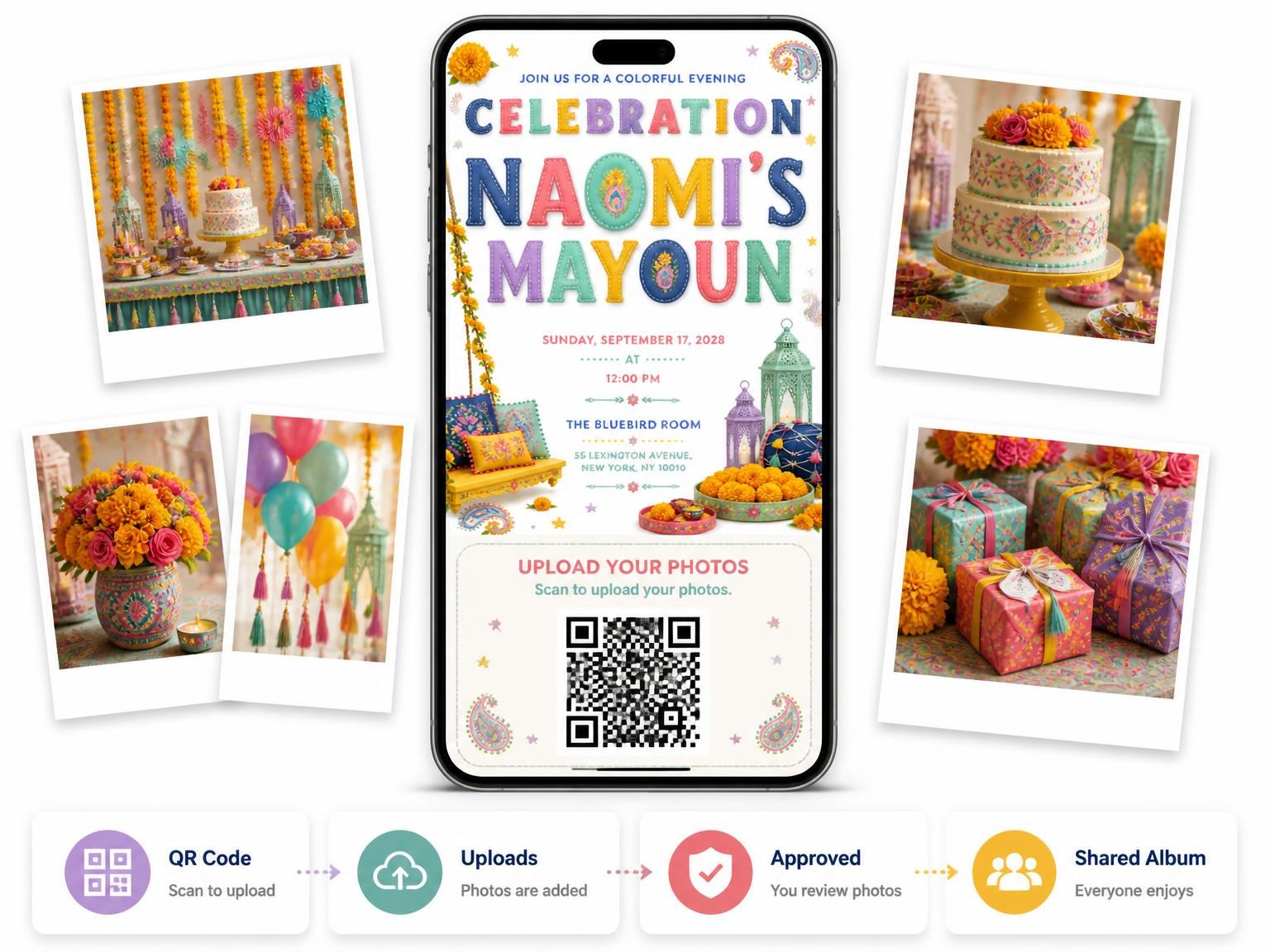 The shared photo gallery that comes with the Jhoola Mayoun Invitation invitation