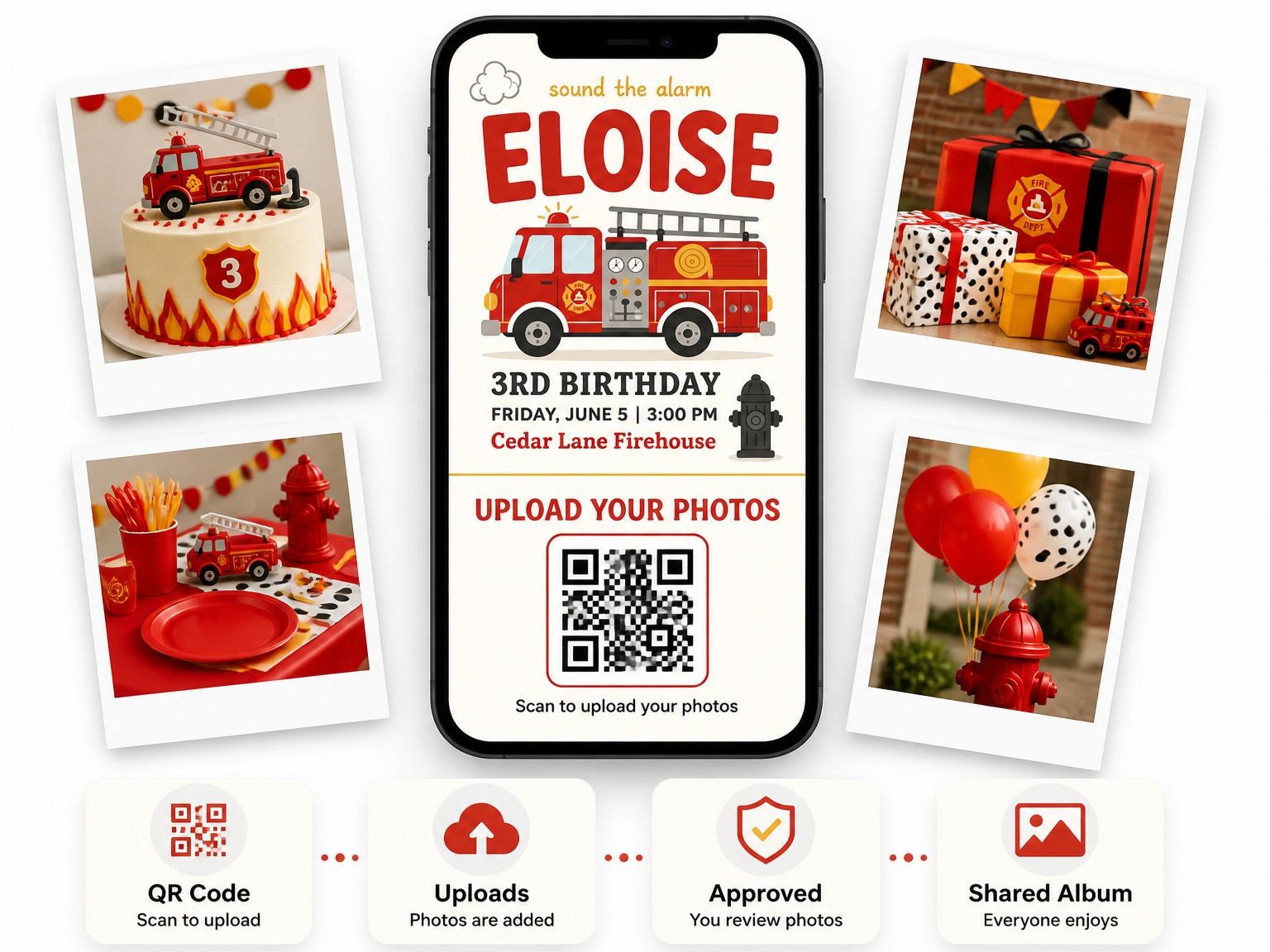The shared photo gallery that comes with the Fire Engine Motif 3rd Birthday Invitation invitation