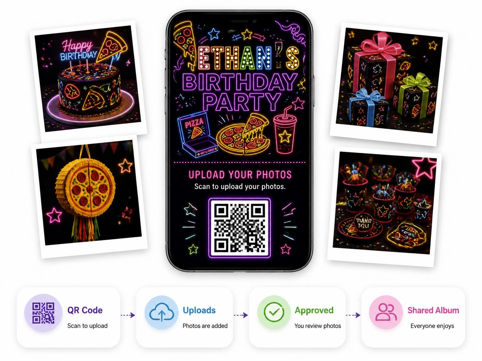 The shared photo gallery that comes with the Neon Pizza 11th Birthday Invitation invitation