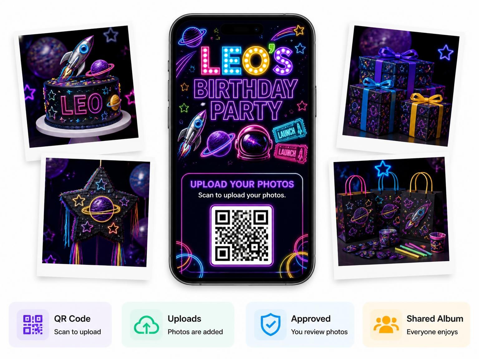 The shared photo gallery that comes with the Neon Space 22nd Birthday Invitation invitation