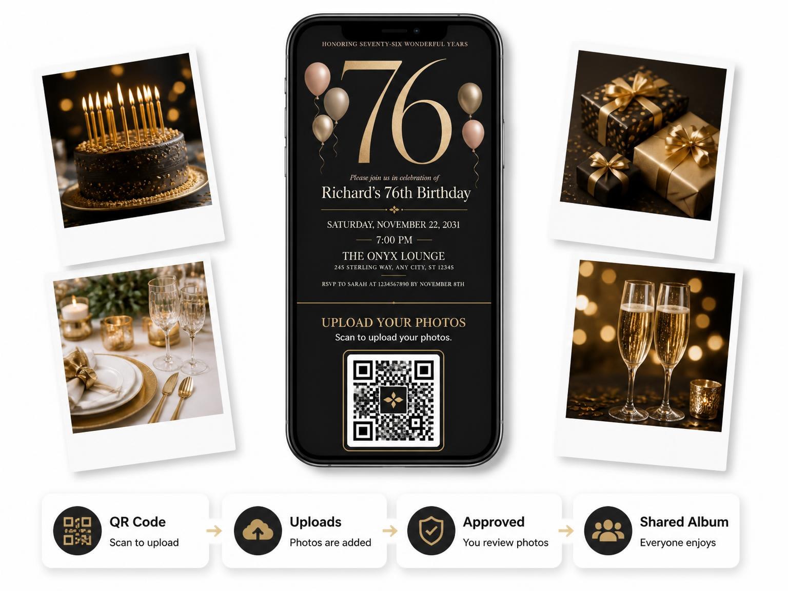 The shared photo gallery that comes with the Charcoal and Blush 76th Birthday Invitation invitation