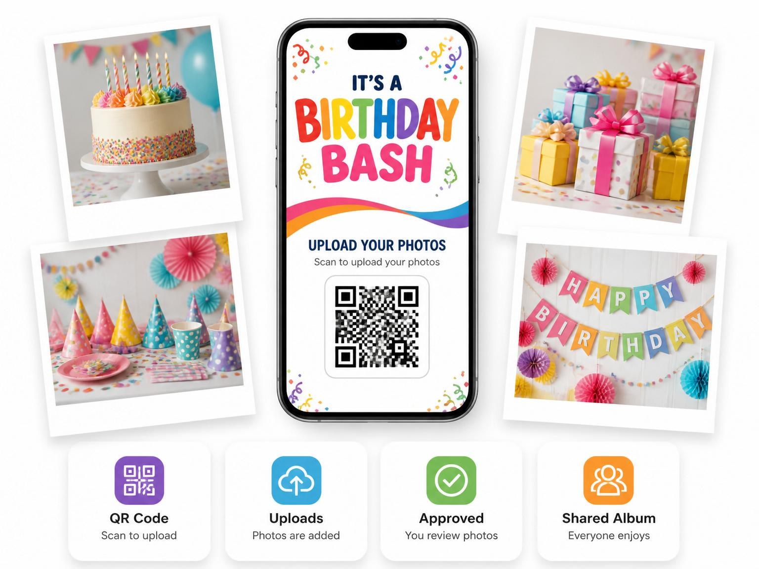 The shared photo gallery that comes with the Rainbow Confetti 7th Birthday Bash Invitation invitation