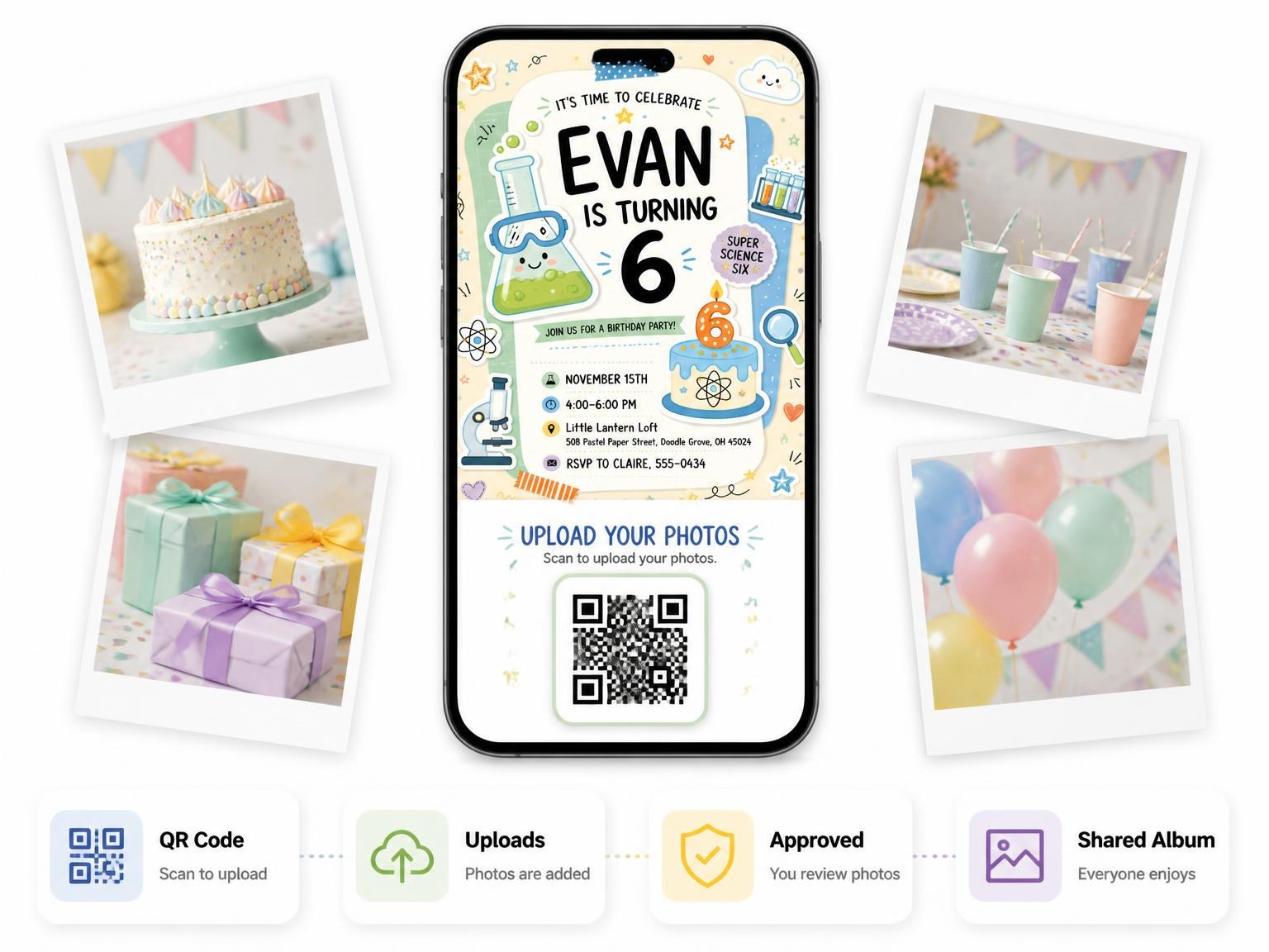 The shared photo gallery that comes with the Erlenmeyer Beaker 6th Birthday Invitation invitation