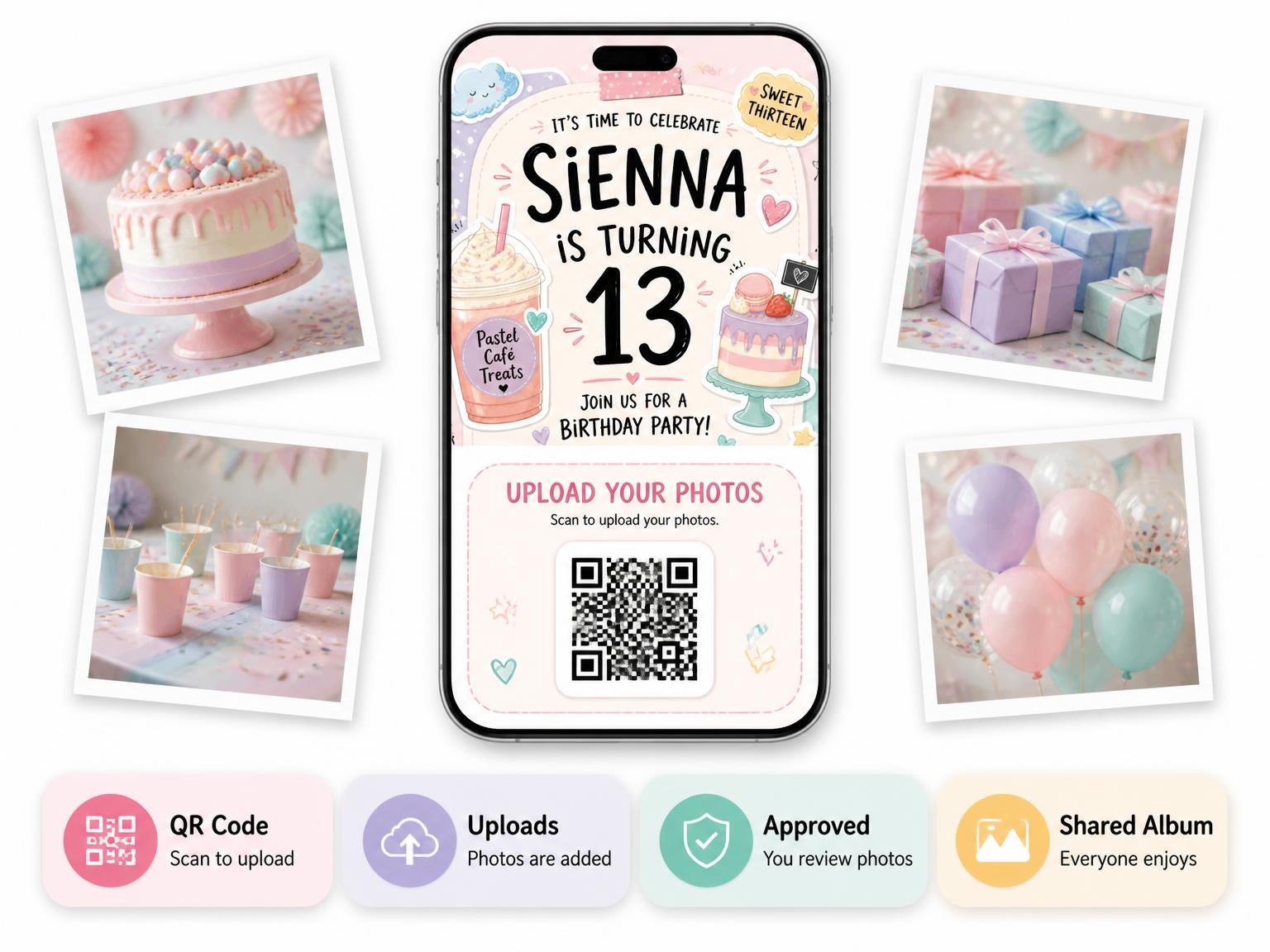 The shared photo gallery that comes with the Milkshake Cup Pastel 13th Birthday Invitation invitation