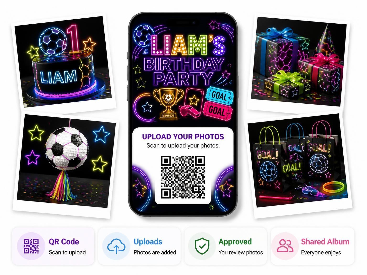The shared photo gallery that comes with the Neon Soccer 1st Birthday Invitation invitation