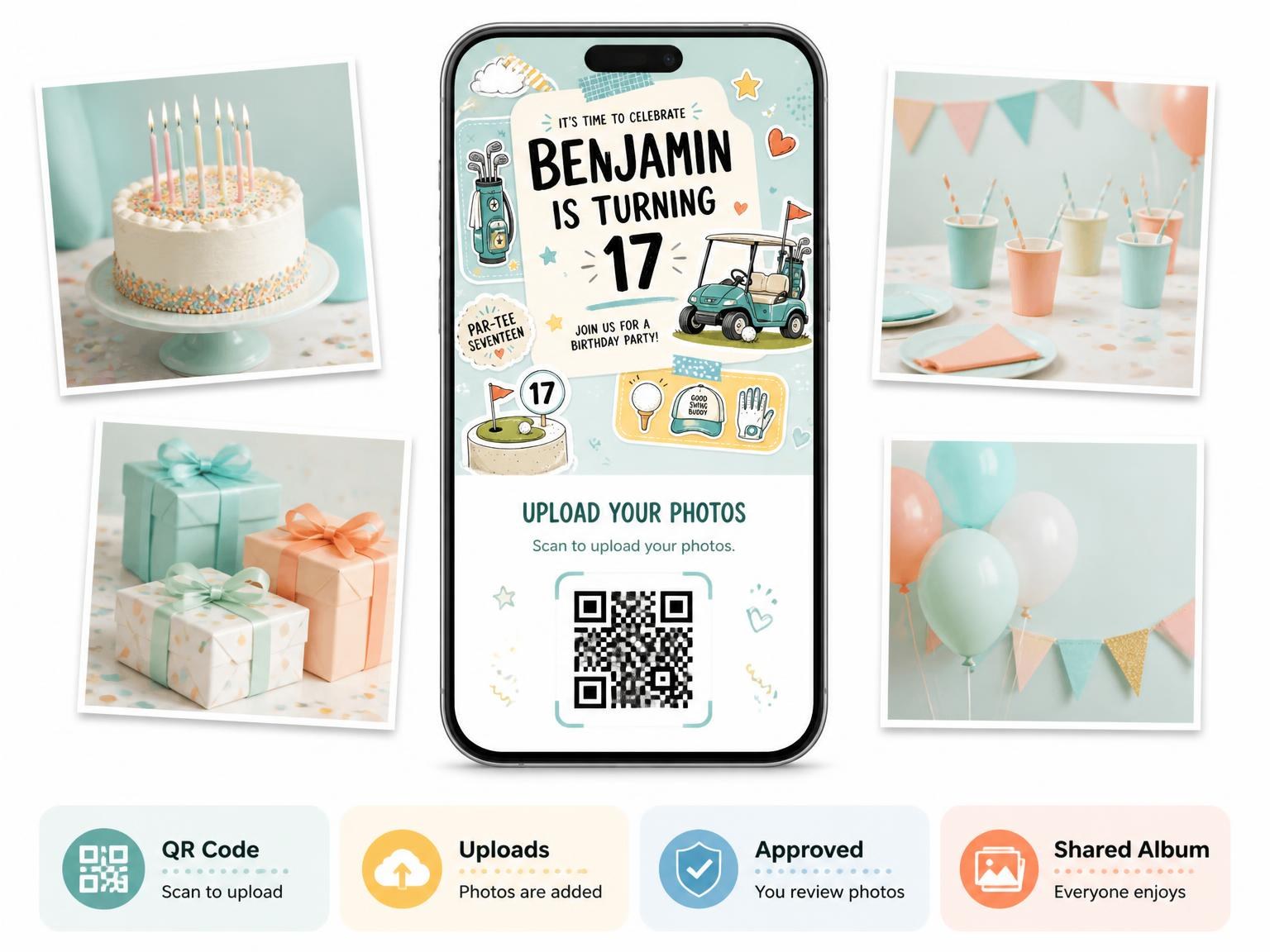The shared photo gallery that comes with the Golf Cart Pastel 17th Birthday Invitation invitation