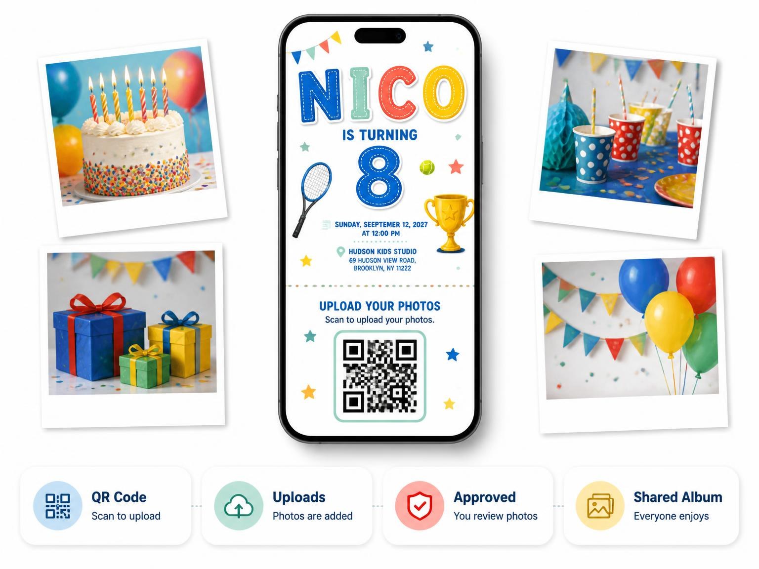 The shared photo gallery that comes with the Tennis Net Stitched 8th Birthday Invitation invitation