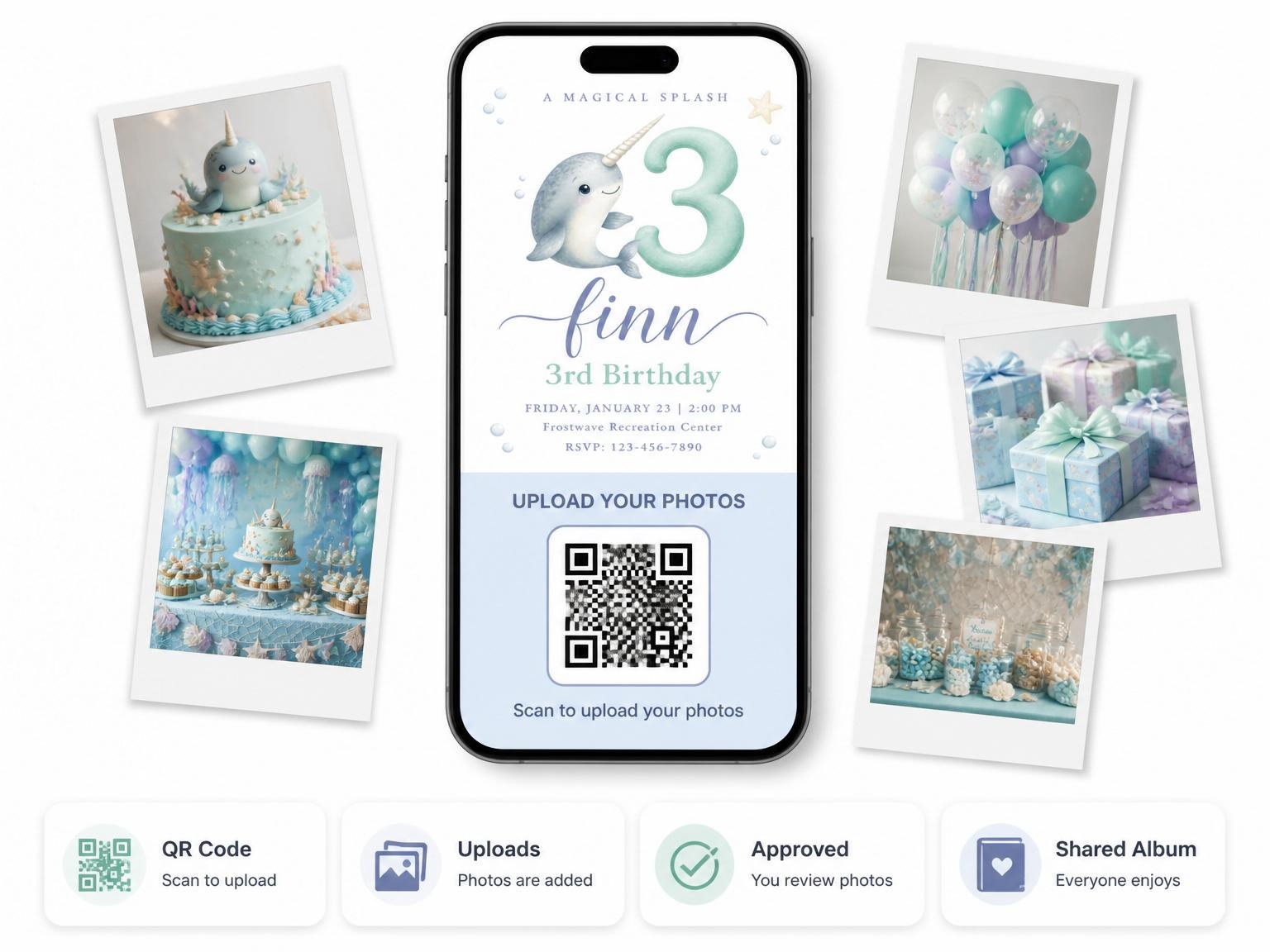 The shared photo gallery that comes with the Blue Narwhal Watercolor 3rd Birthday invitation