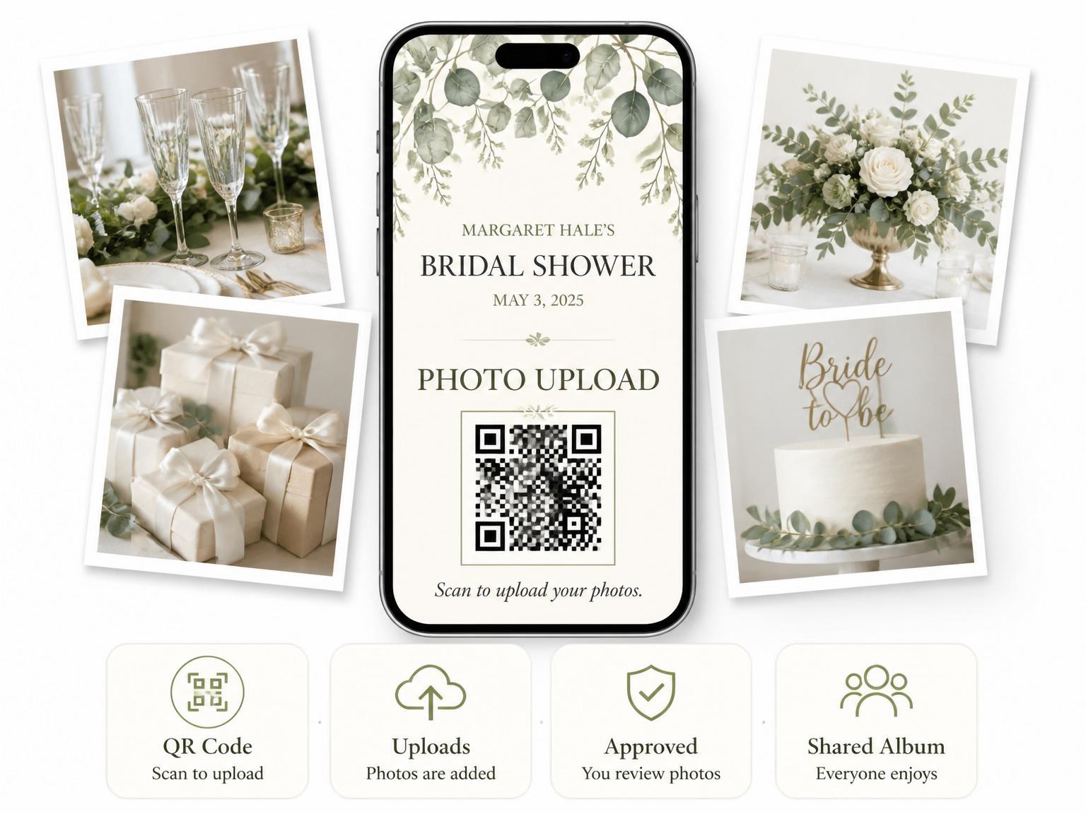 The shared photo gallery that comes with the Watercolor Eucalyptus Greenery Bridal Shower invitation